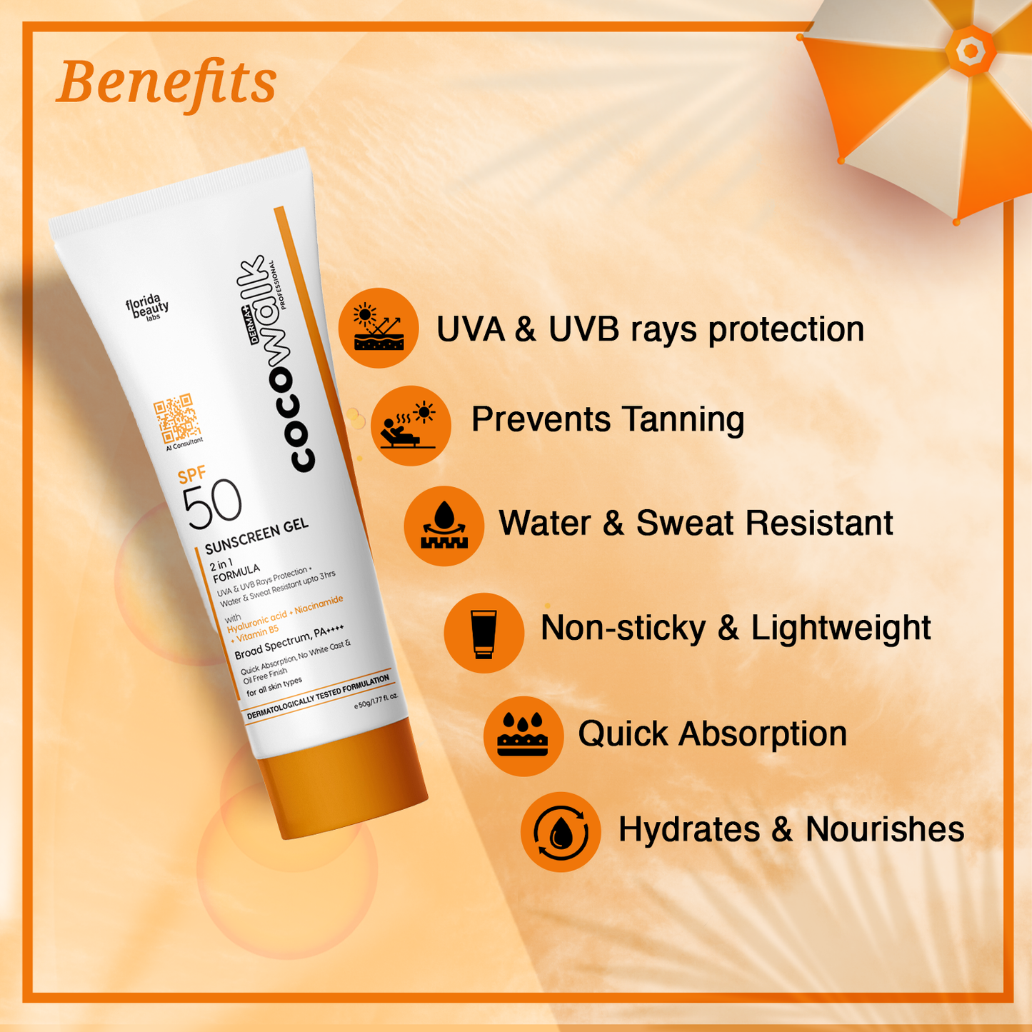Cocowalk Sunscreen Gel SPF 50 PA++++ (50gm) | For All Skin Types | Lightweight | UVA & UVB Rays Protection + Water & Sweat Resistant Upto 3 Hours | No White Cast & Oil Free Finish
