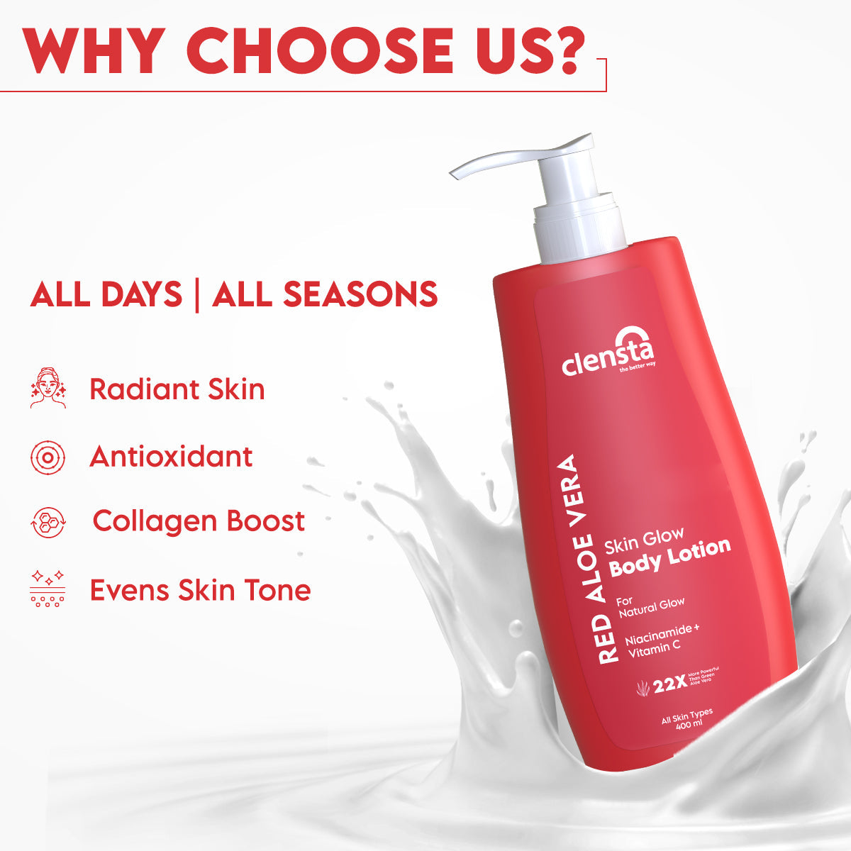 Clensta Red Aloe Vera Skin Glow Body Lotion (400 Ml)