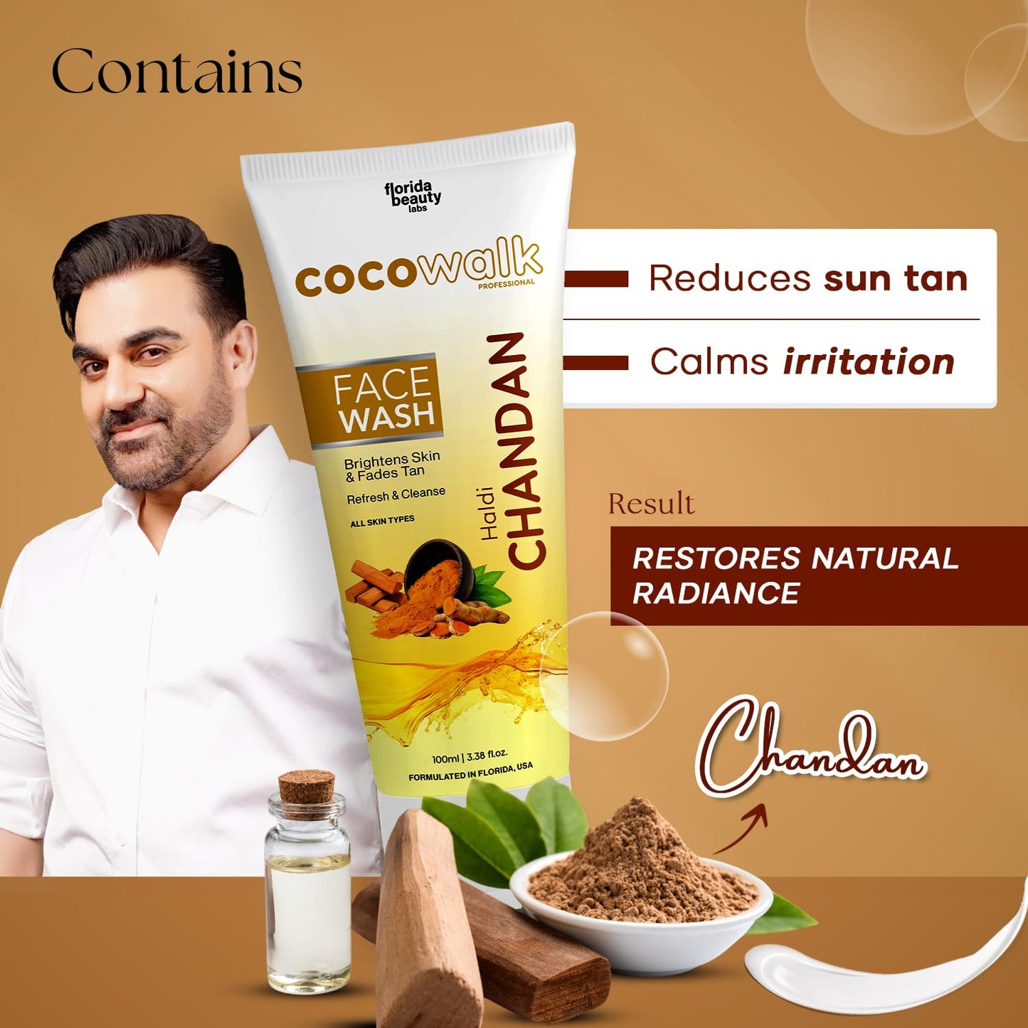 Cocowalk Haldi Chandan Face Wash for Men Women 100gm All Skin Types | Brightens Skin & Fades Tan | Refresh & Cleanse