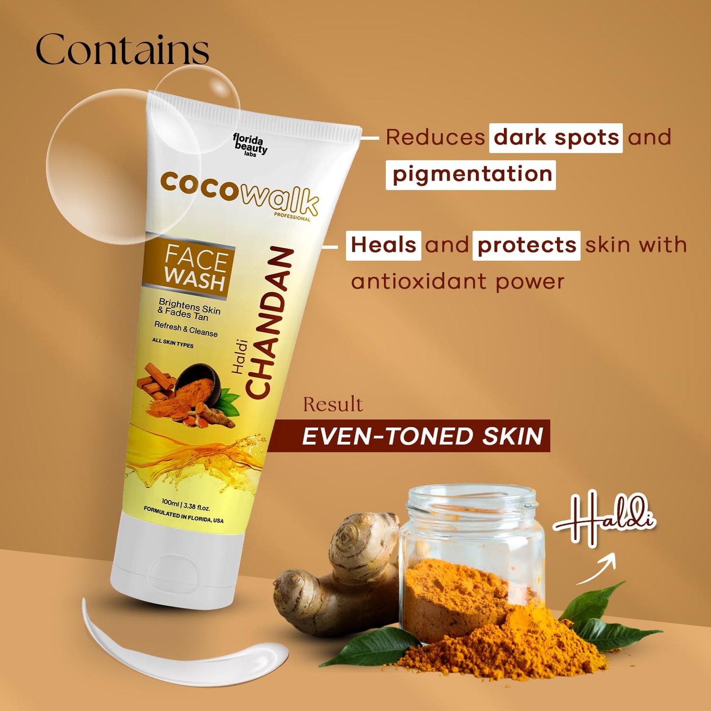 Cocowalk Haldi Chandan Face Wash for Men Women 100gm All Skin Types | Brightens Skin & Fades Tan | Refresh & Cleanse