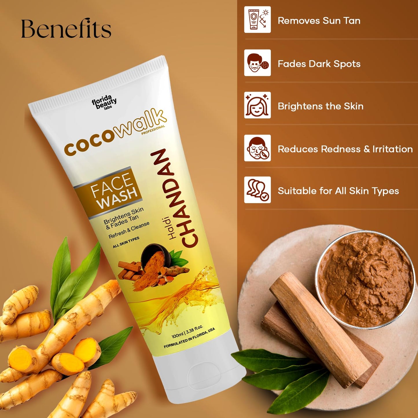 Cocowalk Haldi Chandan Face Wash for Men Women 100gm All Skin Types | Brightens Skin & Fades Tan | Refresh & Cleanse