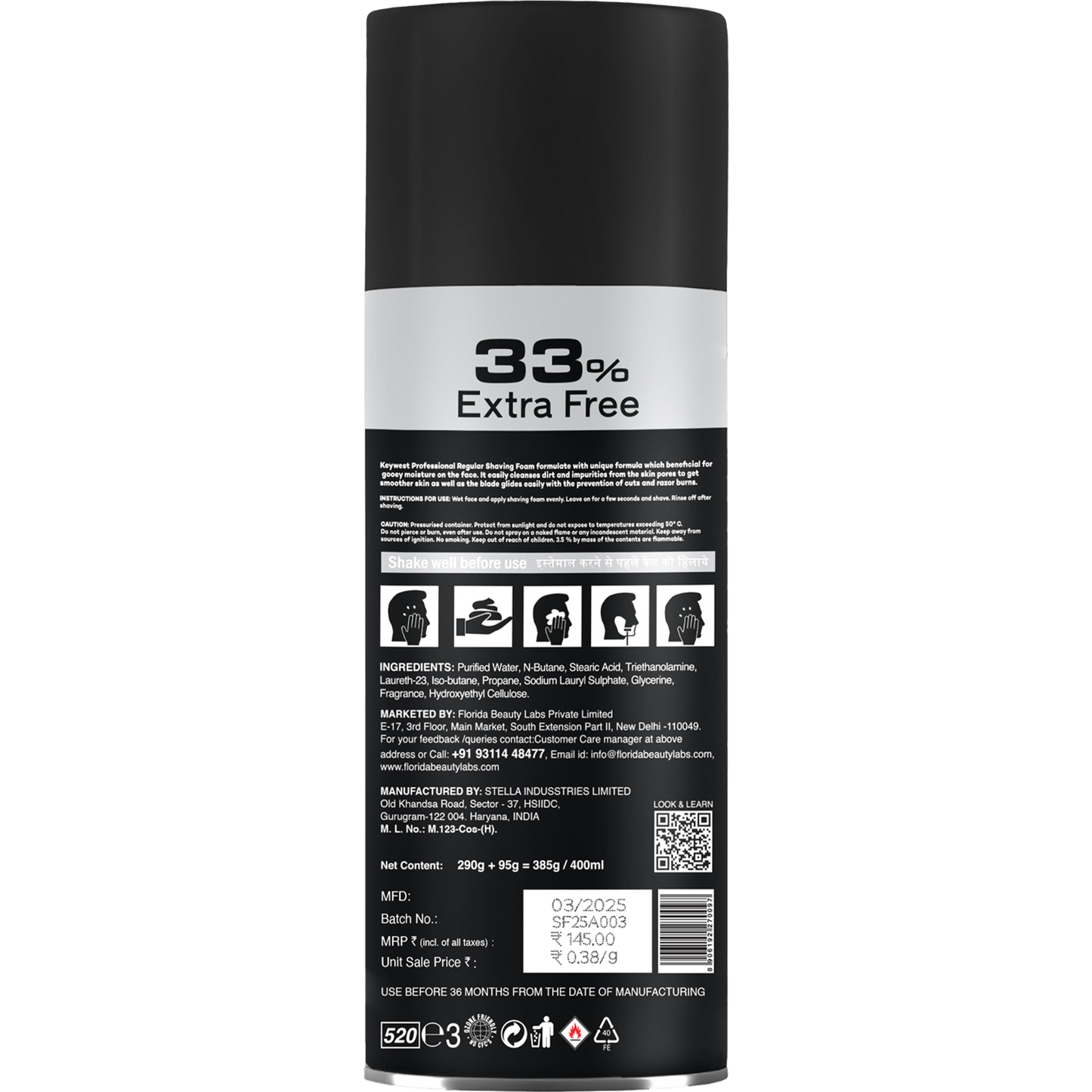 Keywest Charcoal Shaving Foam for Men, 385g (33% Extra) | More than 100 shaves | Activated Charcoal and Aloe vera extract | Prime Exclusive Foam