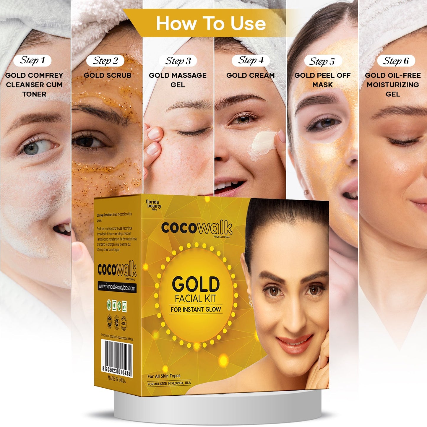 Cocowalk Professional Gold Facial Kit 60g | 6 Steps | Brightening & Repair | Gold & Rosemary Extract.