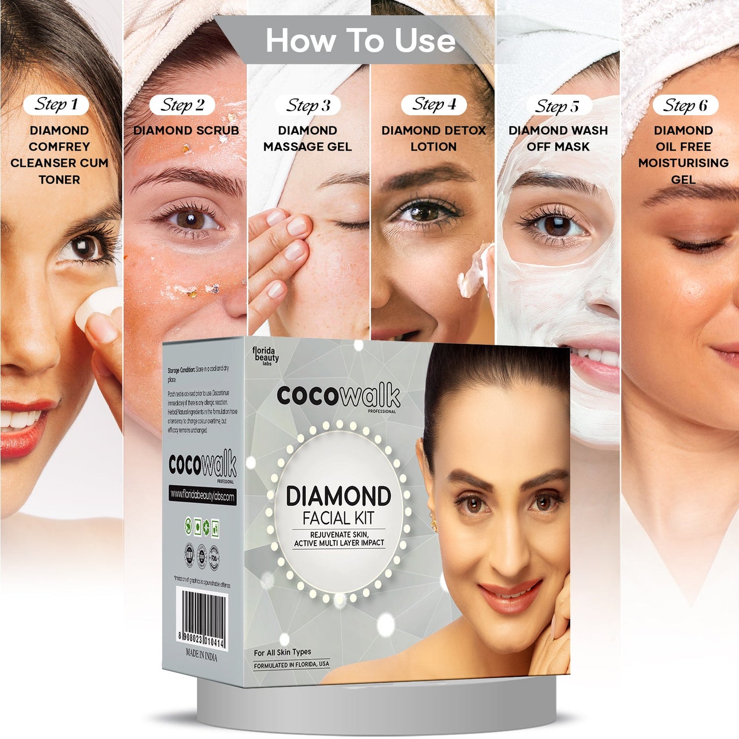 Cocowalk Professional Diamond Facial Kit 60g | 6 Steps | Brightening & Repair | Diamond & Aloe Vera Powder.