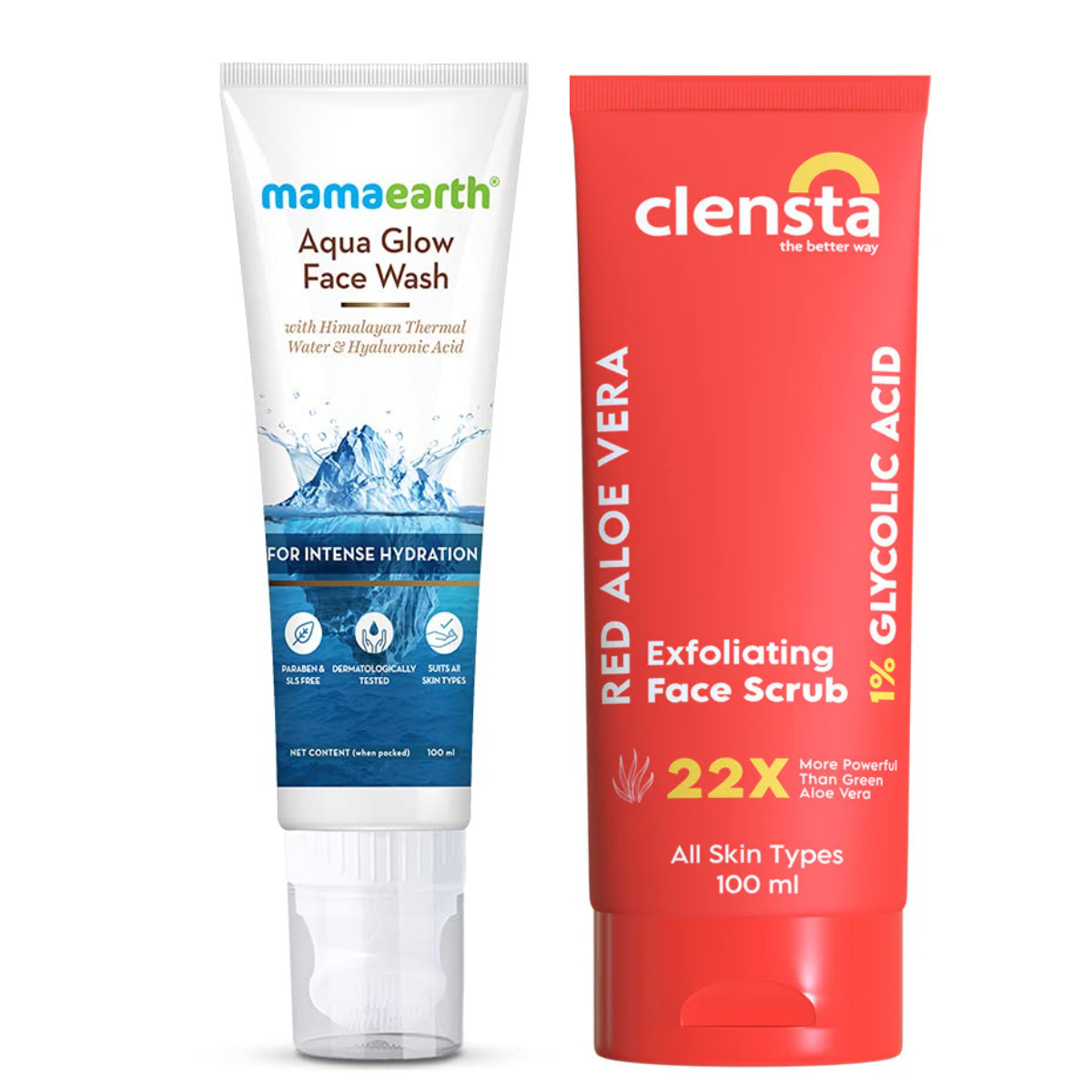 Mamaearth Aqua Glow Face Wash 100ml + Clensta Red Aloe Vera Exfoliating Face Scrub (100 Gm) | COMBO.
