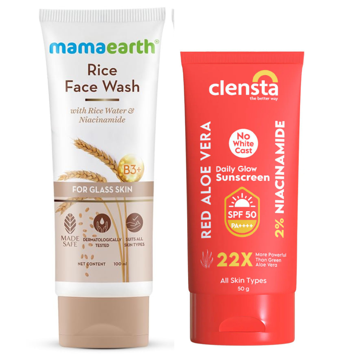 Mamaearth Rice Water  Face Wash 100ml + Clensta Red Aloe Vera Daily Glow Sunscreen Spf 50 (50gm) | COMBO.