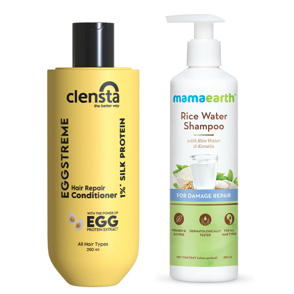 Mamaearth Rice Water Shampoo 250ml + Clensta Eggstreme Repair Hair Conditioner (250 Ml) | COMBO.