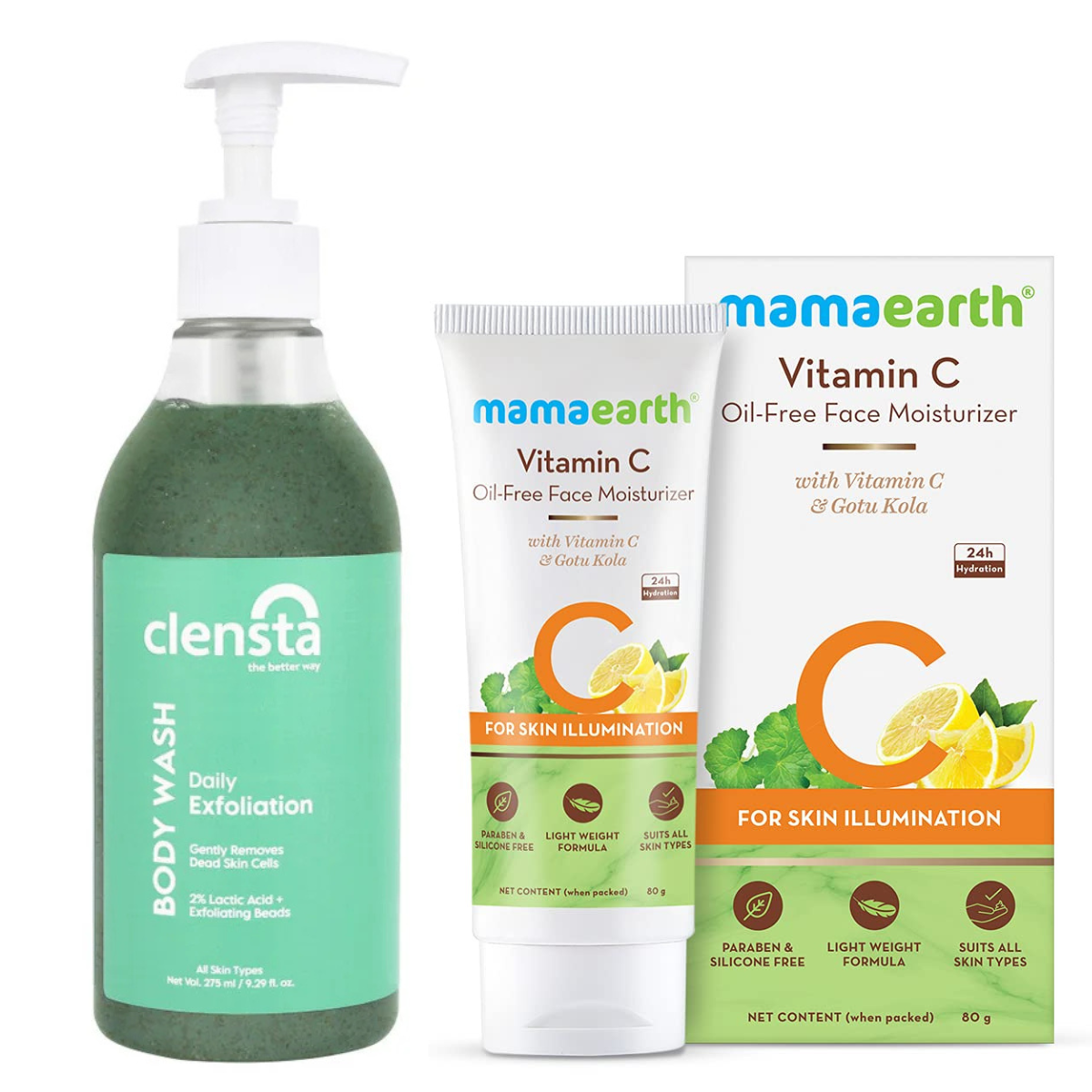 Mamaearth Vitamin C Oil-Free Moisturizer 80 g + Clensta Body Wash Exfoliate (275 Ml) | COMBO.