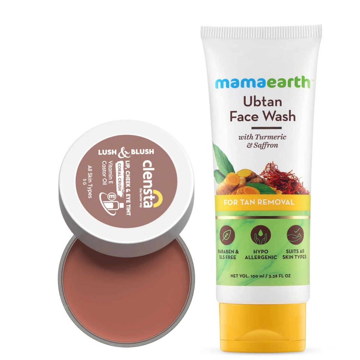 Mamaearth Ubtan Natural Face Wash with Turmeric & Saffron 100ml + Clensta Lush Lip, Cheek & Eye Tint - Coral Crush 06 (5 Gm) | COMBO