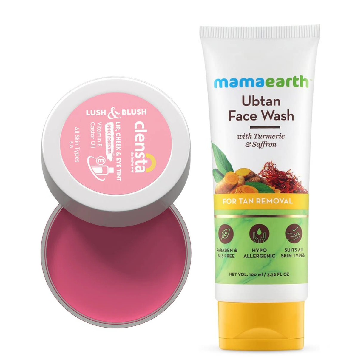 Mamaearth Ubtan Natural Face Wash with Turmeric & Saffron 100ml + Clensta Lush Lip, Cheek & Eye Tint - Pink Forever 03 (5 Gm) | COMBO
