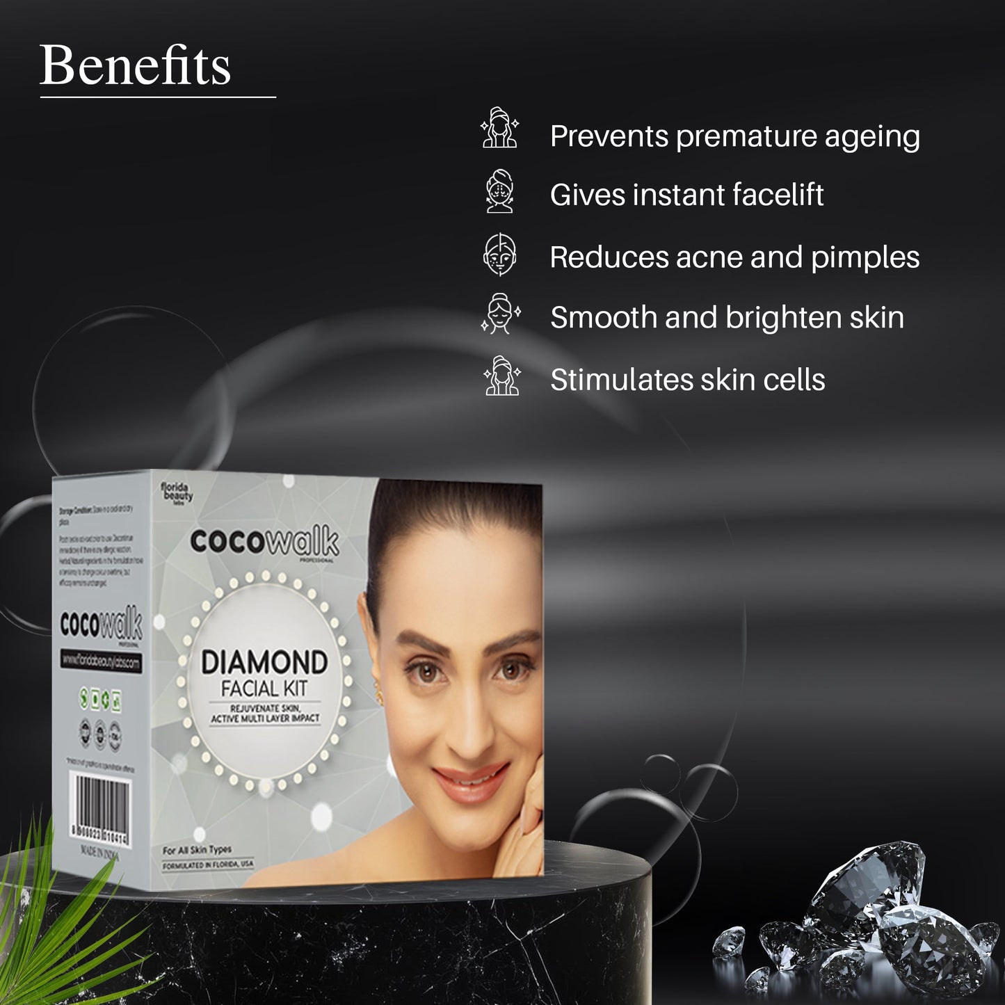 Cocowalk Professional Diamond Facial Kit 60g | 6 Steps | Brightening & Repair | Diamond & Aloe Vera Powder.