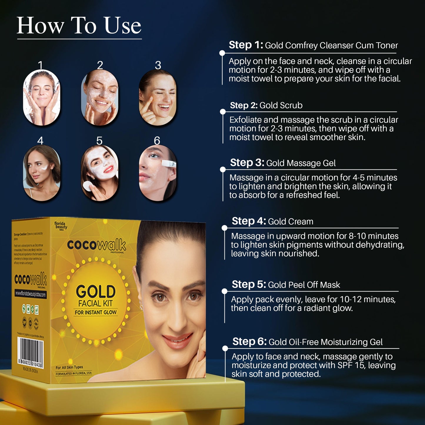 Cocowalk Professional Gold Facial Kit 60g | 6 Steps | Brightening & Repair | Gold & Rosemary Extract.