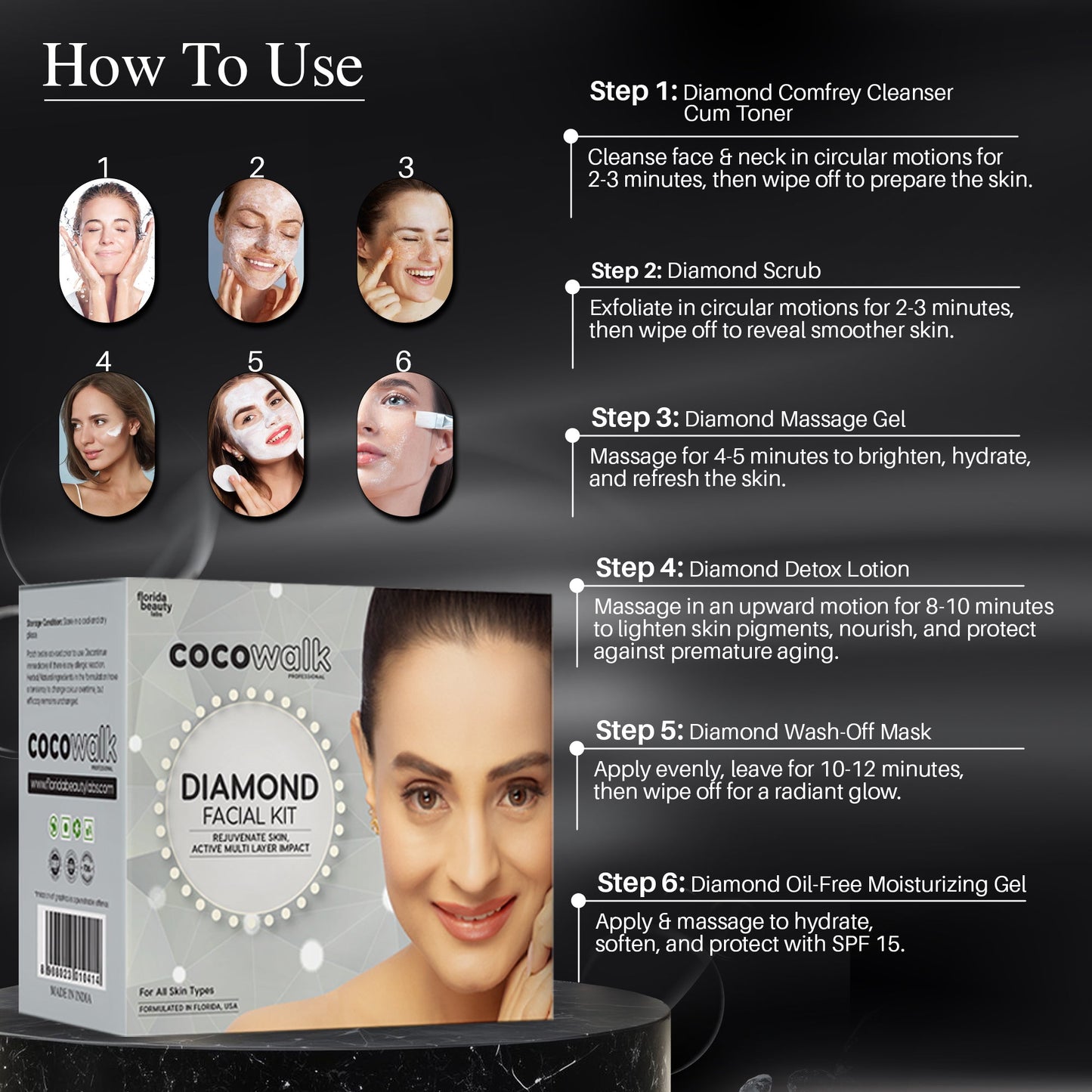 Cocowalk Professional Diamond Facial Kit 60g | 6 Steps | Brightening & Repair | Diamond & Aloe Vera Powder.