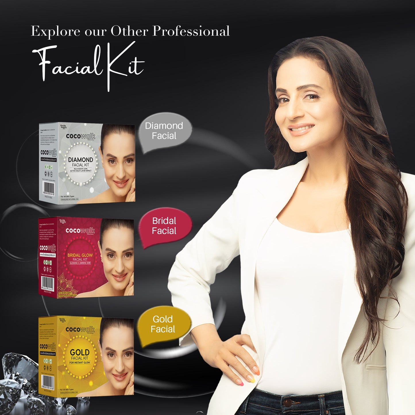 Cocowalk Professional Diamond Facial Kit 60g | 6 Steps | Brightening & Repair | Diamond & Aloe Vera Powder.