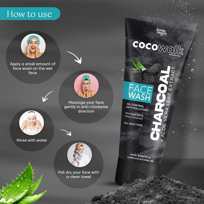 Cocowalk Charcoal Face Wash for Women Men 100gm All Skin Types | Oil Control + Anti Pollution | Removes Dirt & Deep Cleanses | Charcoal + Aloe Vera Leaf Extract