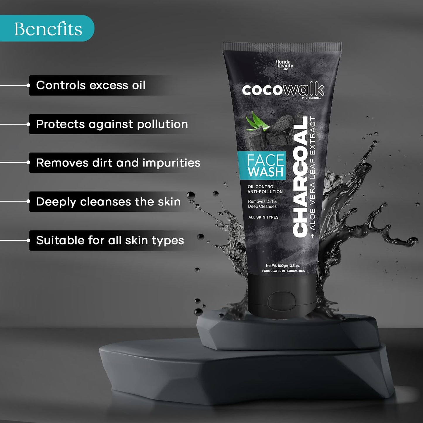 Cocowalk Charcoal Face Wash for Women Men 100gm All Skin Types | Oil Control + Anti Pollution | Removes Dirt & Deep Cleanses | Charcoal + Aloe Vera Leaf Extract