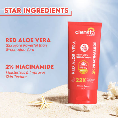 Mamaearth Rice Water  Face Wash 100ml + Clensta Red Aloe Vera Daily Glow Sunscreen Spf 50 (50gm) | COMBO.