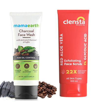 Mamaearth Charcoal Face Wash with Activated Charcoal & Coffee for Oil Control (100ml) + Clensta Red Aloe Vera Exfoliating Face Scrub (100 Gm) | COMBO.