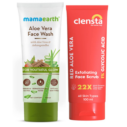 Mamaearth Aloe Vera Face Wash 100ml + Clensta Red Aloe Vera Exfoliating Face Scrub (100 Gm) | COMBO.