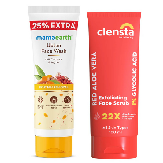 Mamaearth Ubtan Face Wash With Turmeric & Saffron for Tan Removal 100ml + Clensta Red Aloe Vera Exfoliating Face Scrub (100 Gm) | COMBO.
