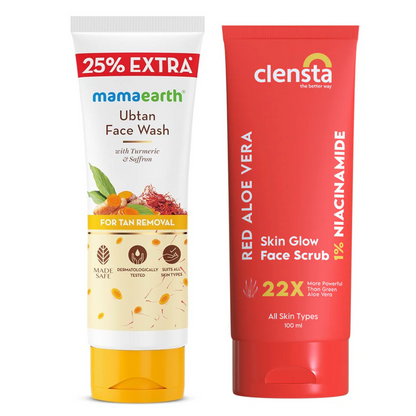 Mamaearth Ubtan Face Wash With Turmeric & Saffron for Tan Removal 100ml + Clensta Red Aloe Vera Skin Glow Face Scrub (100 Gm) | COMBO.