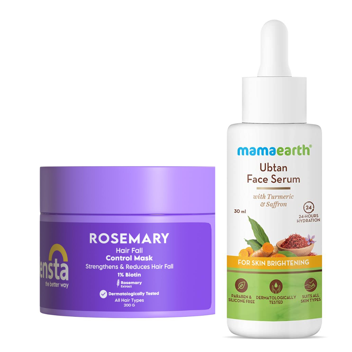 Mamaearth Ubtan Face Serum 30ml + Clensta Rosemary Hair Fall Control Mask 200gm | COMBO.