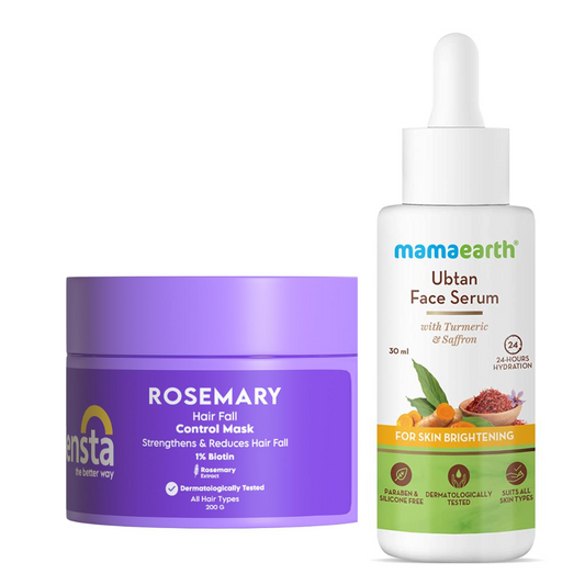 Mamaearth Ubtan Face Serum 30ml + Clensta Rosemary Hair Fall Control Mask 200gm | COMBO.