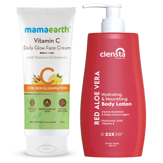 Mamaearth Vitamin C Daily Glow Face Cream 80g + Clensta Red Aloe Vera Hydrating & Nourishing Body Lotion (400 Ml) | COMBO