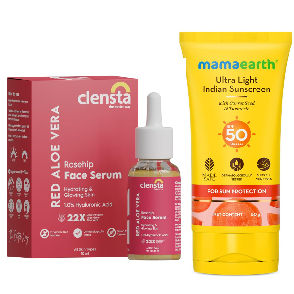 Mamaearth Ultra Light Indian Sunscreen SPF 50+++ with Carrot Seed & Turmeric 50g + Clensta Red Aloe Vera Rosehip Oil & 1% Hyaluronic Acid Face Serum For Hydrating & Glowing Skin 10ml | COMBO