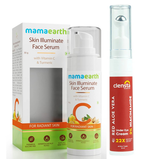 Mamaearth Skin Illuminate Vitamin C Face Serum 30g + Clensta Red Aloe Vera Under Eye Cream (15 Gm) | COMBO.