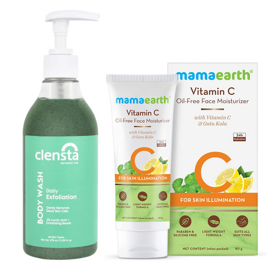 Mamaearth Vitamin C Oil-Free Moisturizer 80 g + Clensta Body Wash Exfoliate (275 Ml) | COMBO.