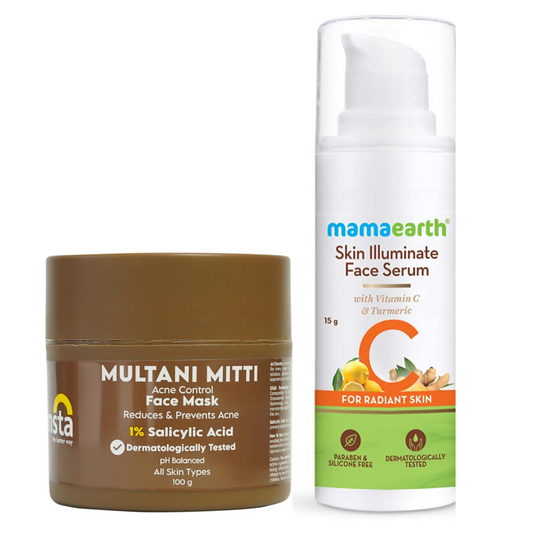 Mamaearth Skin Illuminate Face Serum for Radiant Skin with Vitamin C and Turmeric (15g) + Clensta Multani Mitti Acne Control Face Mask (100 Gm) | COMBO.