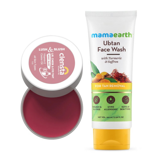 Mamaearth Ubtan Natural Face Wash with Turmeric & Saffron 100ml + Clensta Lush Lip, Cheek & Eye Tint - Berry Bliss 01 (5 Gm) | COMBO