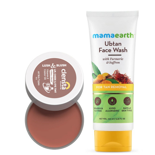 Mamaearth Ubtan Natural Face Wash with Turmeric & Saffron 100ml + Clensta Lush Lip, Cheek & Eye Tint - Coral Crush 06 (5 Gm) | COMBO