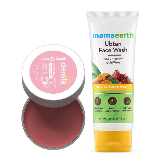 Mamaearth Ubtan Natural Face Wash with Turmeric & Saffron 100ml + Clensta Lush Lip, Cheek & Eye Tint- Candy Cane 02 (5 Gm) | COMBO